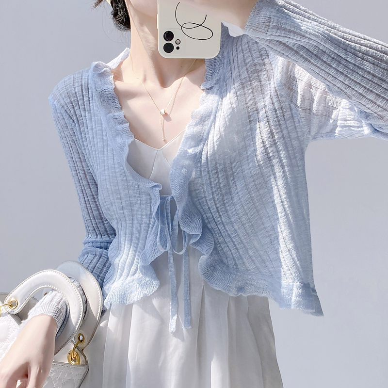 Summer Light Clothing - Ruffled Trim Tie Front Long Sleeve