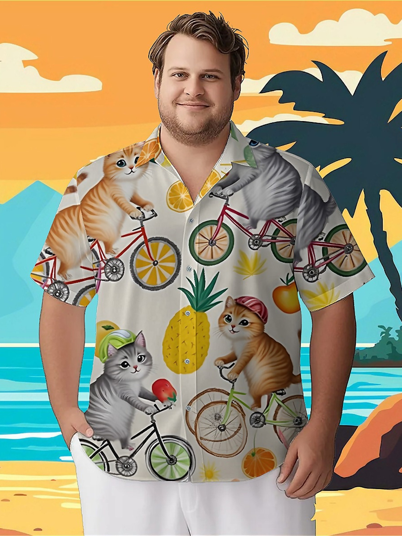 Beach Shirt Hawaiian - Men's Plus Size Hawaiian Shirts Cat