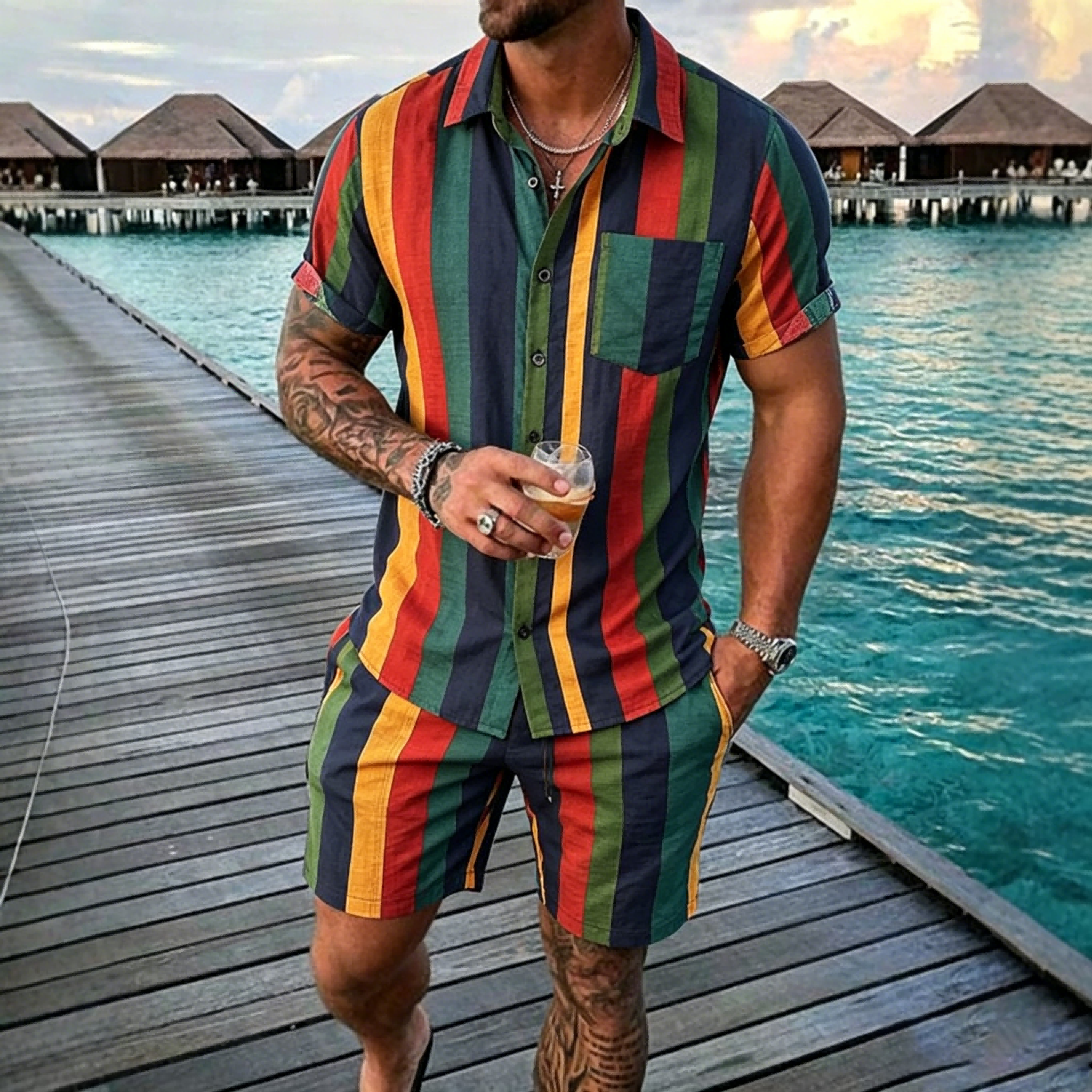 Beach Shirt Hawaiian - Summer Men's 2 Piece Set, Colorful