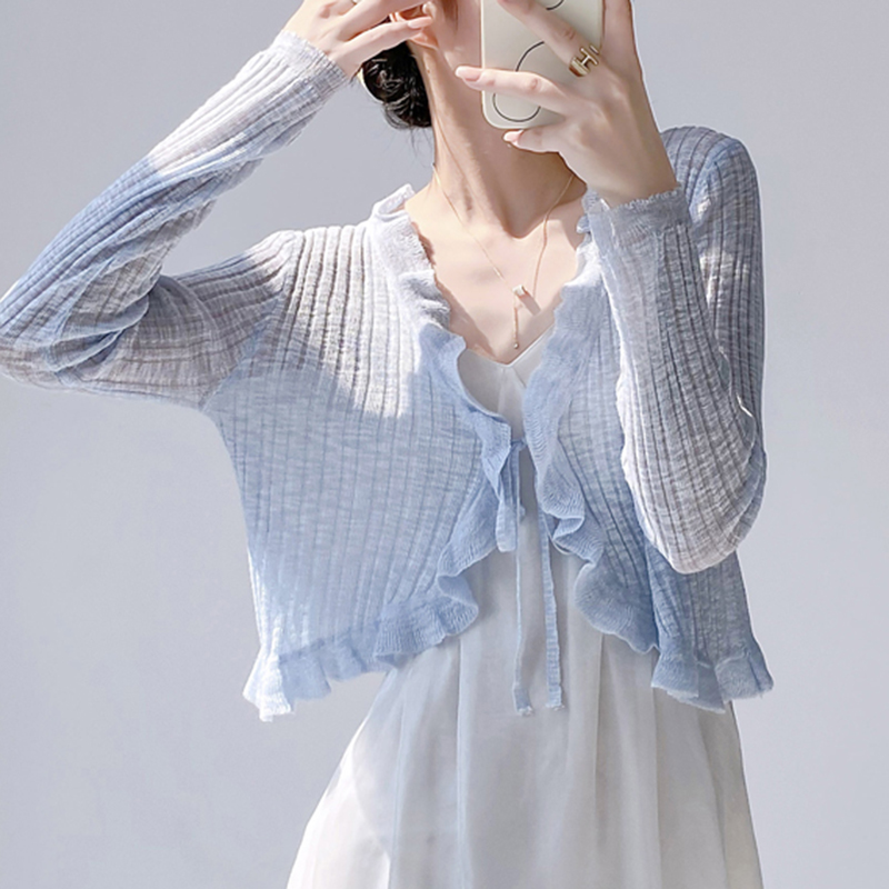 Ruffled Trim Tie Front Long Sl - đánh giá và giá Summer Light Clothing