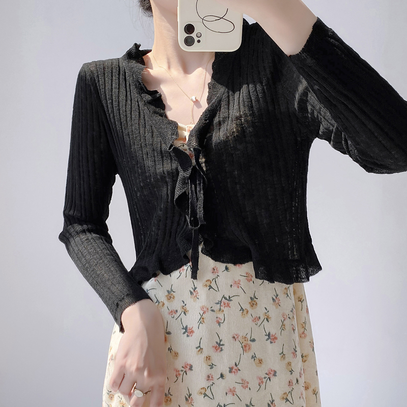 Ruffled Trim Tie Front Long Sl - đánh giá và giá Summer Light Clothing